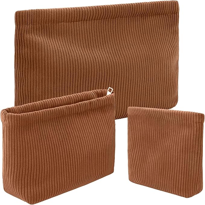 Sanwuta 3 Pack Corduroy Makeup Bag Set Cosmetic Toiletry Travel Pouch Organizer Velvet Makeup Bag for Women Large Pouch Zipper Purse Make up Organizer, Women Girls Gift(Brown)