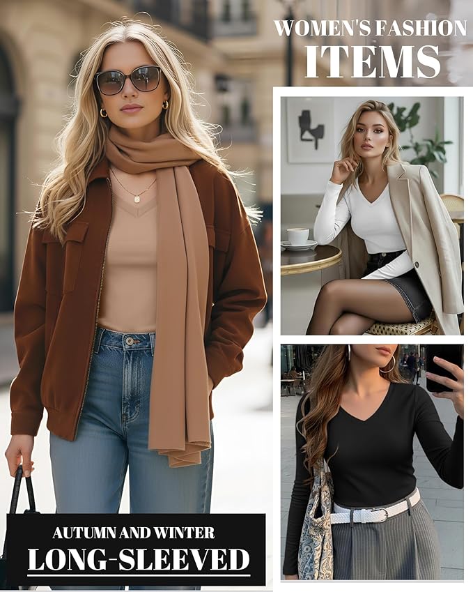 Ficerd 3 Pack Women's Long Sleeve Shirts, V Neck Basic Tees Slim Fitted Casual Fall Tops Going Out Blouses T Shirts