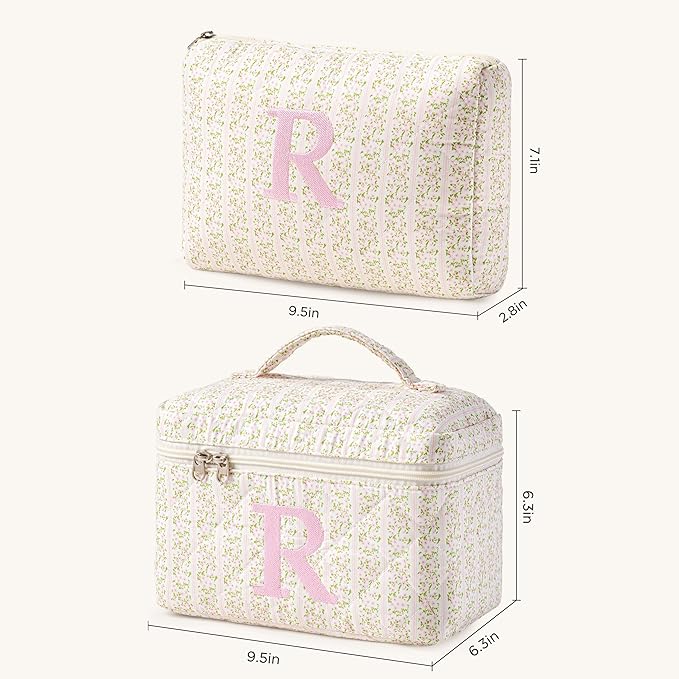 HBselect 2Pcs Initial Quilted Makeup Bag, Pink Cosmetic Travel Toiletry Bag, Flowers Coquette Zipper Make Up Pouch Organizer Teen Girl Gift Trendy Stuff R