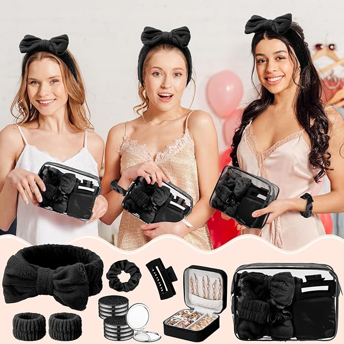 Spa Party Favors Pink Sleepover Party Supplies Bow Headband Wristband Scrunchies Hair Clip Jewelry Case Makeup Bag Mirror for Women Bridesmaid Return Gifts(Black,48 Pcs)