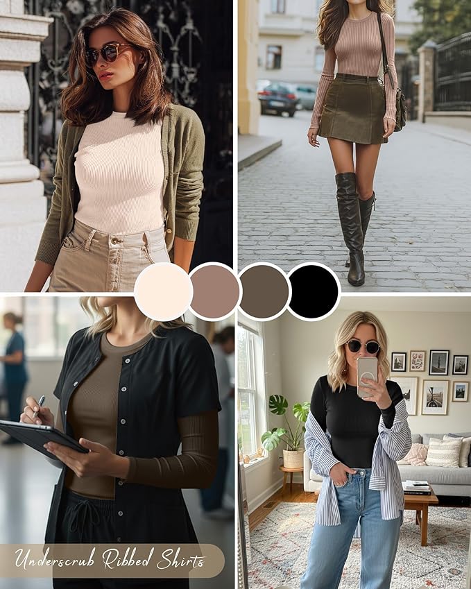 Neer 4 Pack Women's Ribbed Long Sleeve Shirts, Cotton Crew Neck Slim Fit Tops Stretch Knit Casual Base Layer Basic Tee Shirts