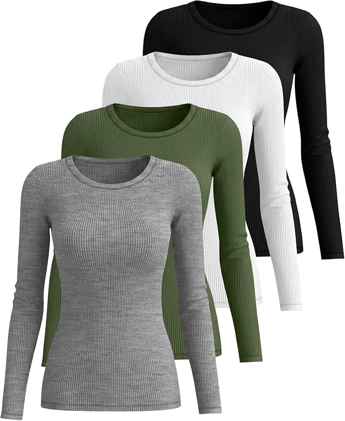 Neer 4 Pack Women's Ribbed Long Sleeve Shirts, Cotton Crew Neck Slim Fit Tops Stretch Knit Casual Base Layer Basic Tee Shirts