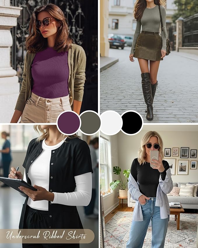 Neer 4 Pack Women's Ribbed Long Sleeve Shirts, Cotton Crew Neck Slim Fit Tops Stretch Knit Casual Base Layer Basic Tee Shirts