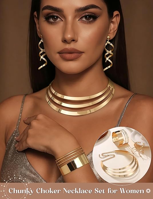 JOERICA Bib Choker Necklace Set for Women Wide Cuff Bangle Bracelets Long Statement Dangle Earrings African Costume Jewelry Set