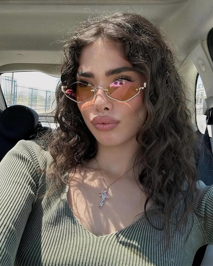 Retro Y2k Sunglasses for Women Men,Trendy Semi-Rimless Sun Glasses Irregular Narrow Gold Sunnies UV400