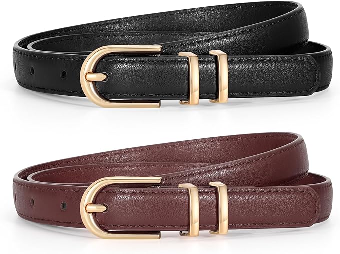 2 Pack Women Skinny Leather Belts for Jeans Pants Thin Faux Leather Belt with Gold Buckle