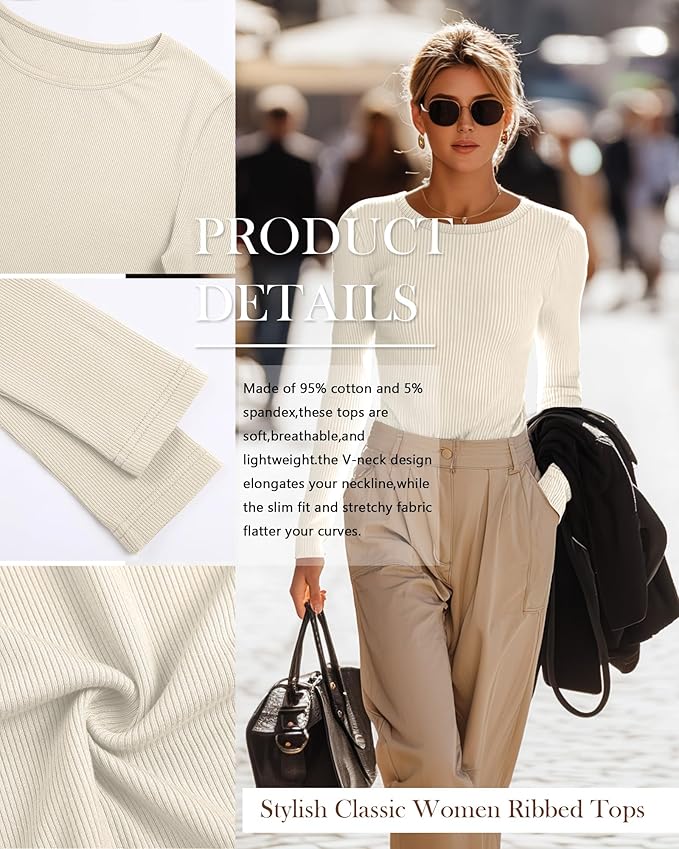 Neer 4 Pack Women's Ribbed Long Sleeve Shirts, Cotton Crew Neck Slim Fit Tops Stretch Knit Casual Base Layer Basic Tee Shirts
