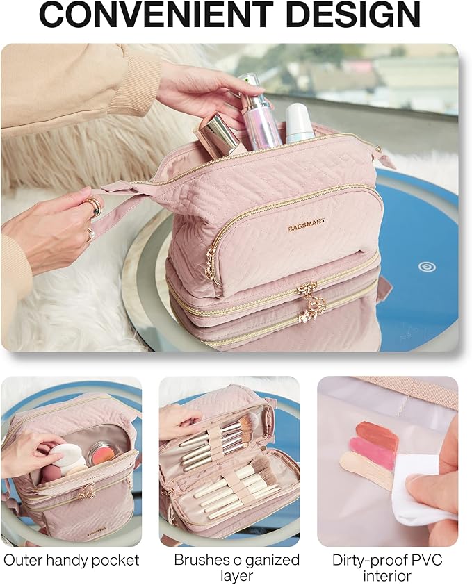 BAGSMART Travel Makeup Bag, Cosmetic Bag Make Up Organizer Case,Large Wide-open Pouch for Women Purse for Toiletries Accessories Brushes