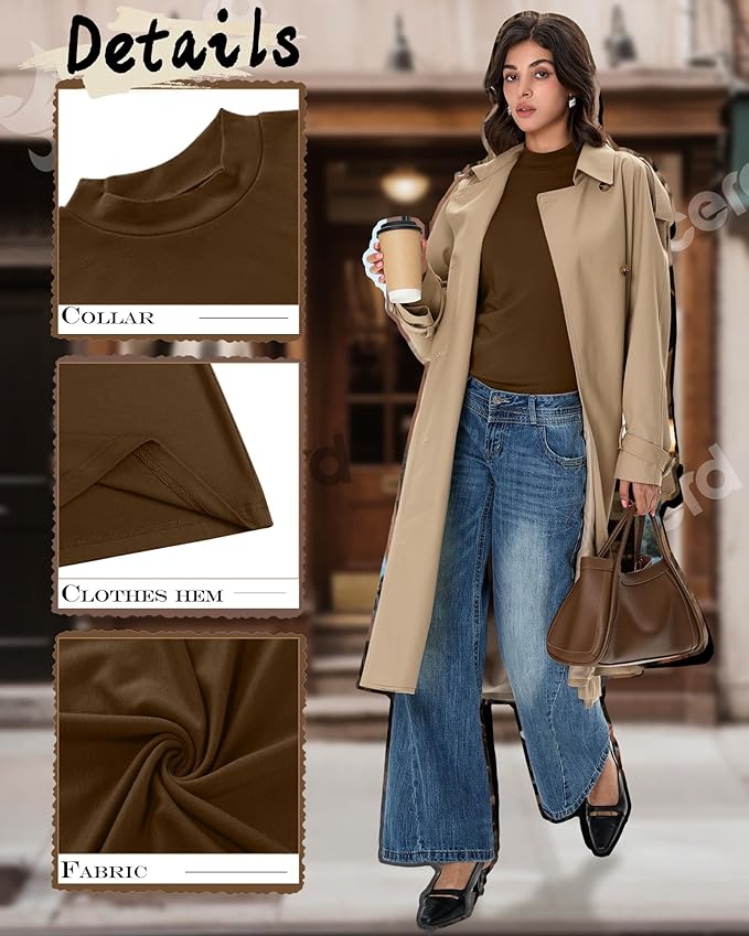 Ficerd 3 Pack Women's Mock Turtleneck Shirts, Long Sleeve Mock Neck Pullover Tops Slim Fitted Stretch Undershirt Tee Blouse