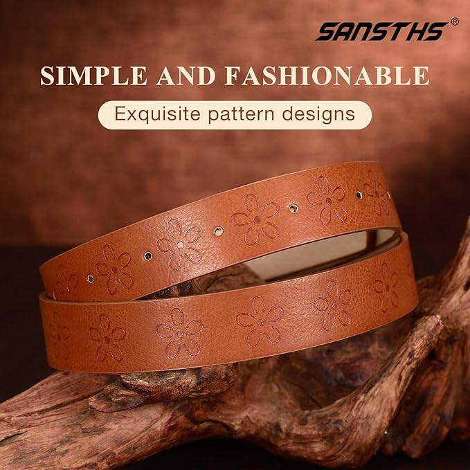 SANSTHS Womens Belt for Jeans Pants Dresses with Alloy Buckle, Floral Print Belt for Women with Unique Print Design