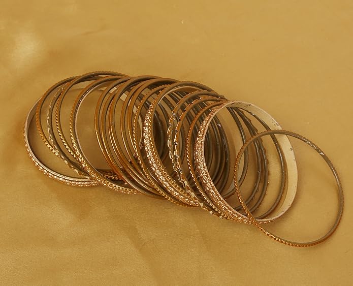 Touchstone Indian Metal Bangles for Women Gold Alloy Bracelets desi 2 Dozen Bangle Collection Bollywood Women's Jewelry Set Multi Stacking Wide Chunky Textured Golden Set of 24 in Gold or White Tone