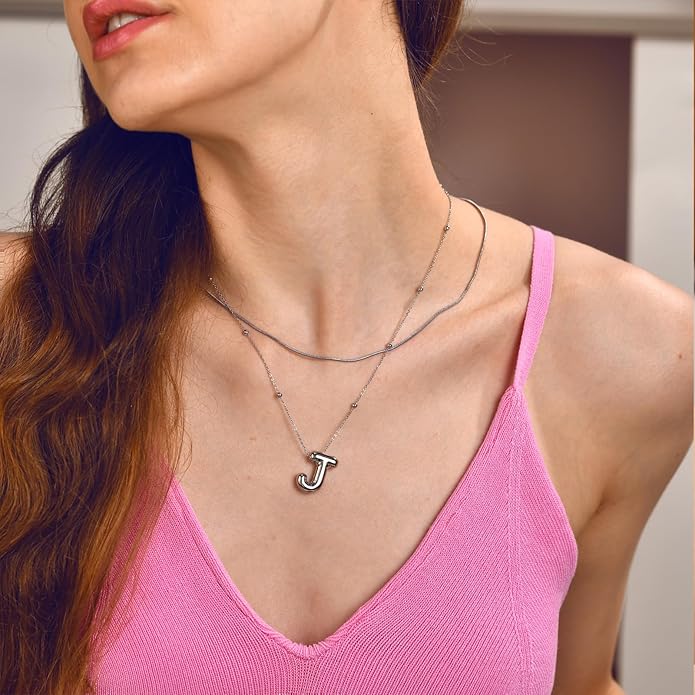 LUCA SMITH Initial Necklaces for Women, Dainty Balloon Bubble Letter, Name Letter Alphabet Pendant Layered Choker Chain Jewelry Gift
