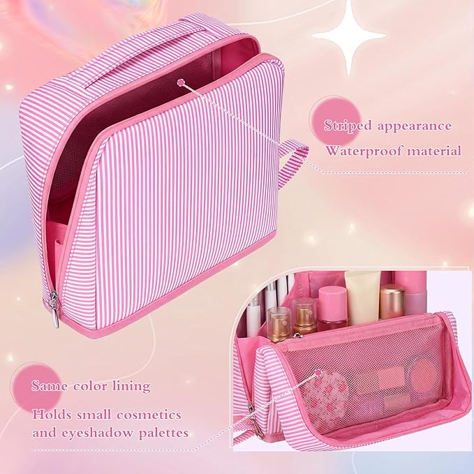 Striped Makeup Bag Large Cosmetic Bags for Women Gift with Brush Loops Mesh Pocket Wrist Strap Travel Organizer Storage Pouch Toiletry Case with Divider for Mirror(Pink)