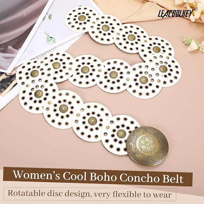 LEACOOLKEY Women's Boho Disc Belt Wide Western Leather Belt Vintage Concho Waist Belts for Dress Jeans