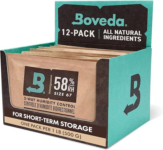 Boveda 58% Two-Way Humidity Control Packs For Storing 1 lb – Size 67 – 12 Pack – Moisture Absorbers for Storage Containers – Humidifier Packs – Individually Wrapped Hydration Packets