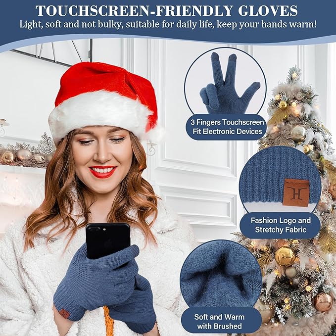 Womens Winter Beanie Hats Scarf Touchscreen Gloves Set Chenille Knit Fleece Lined Beanies Pompom Hat Scarves