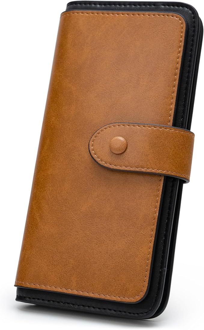 RFID Blocking Leather Wallet for Women, Slim Trifold with 14 Card Slots and Zipper Pocket (Brown&Black)