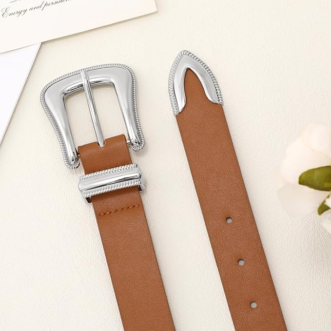 Genuine Leather Belt for Women - Silver Buckle Strap for Jeans & Dresses