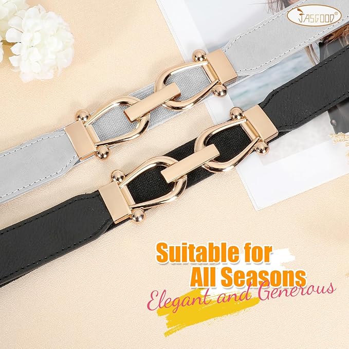 JASGOOD Women Stretchy Waist Belt Retro Elastic Skinny Belt for Ladies with Gold Buckle