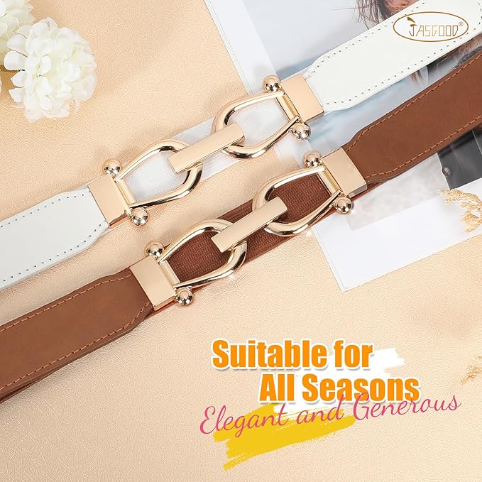 JASGOOD Women Stretchy Waist Belt Retro Elastic Skinny Belt for Ladies with Gold Buckle