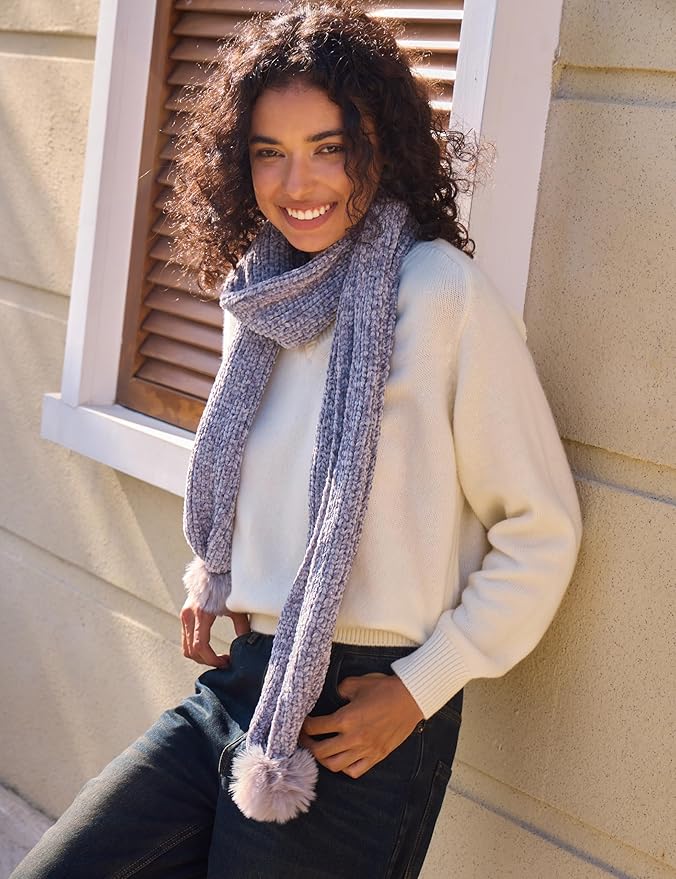 Womens Chenille Scarf with Pompom Winter Knit Warm Scarves for Cold Weather with Gift Box