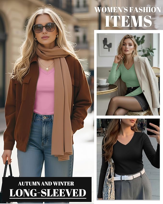 Ficerd 3 Pack Women's Long Sleeve Shirts, V Neck Basic Tees Slim Fitted Casual Fall Tops Going Out Blouses T Shirts