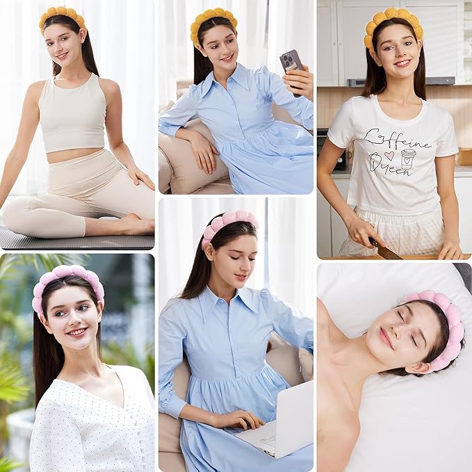 Headbands for Washing Face, Set of 2 - Terry Cloth Spa Headband for Facial, Makeup, Skincare, Puffy Headbands for Face Washing & Masks(Pink + Khaki)