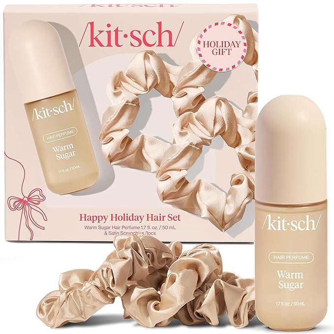 Kitsch Satin Scrunchies and Hair Perfume for Women Holiday Set – Warm Sugar Scent with Patented Odor-Eliminating Technology Hair Spray | Neutral Softer Than Silk Scrunchies | Ideal Gifts for Women