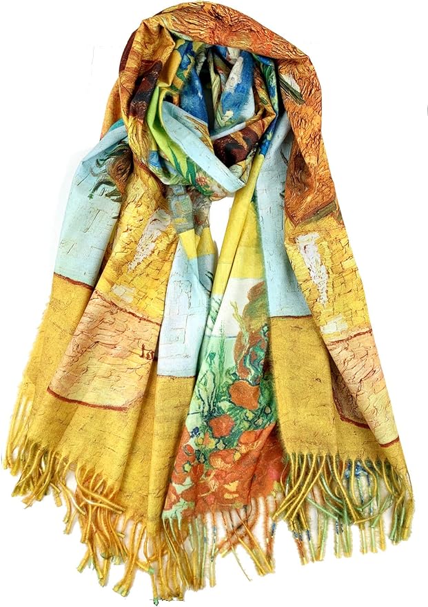 Plum Feathers Super Soft Cashmere Feel Double Sided Reversible Art Shawl Scarf Van Gogh Monet Klimt Inspired