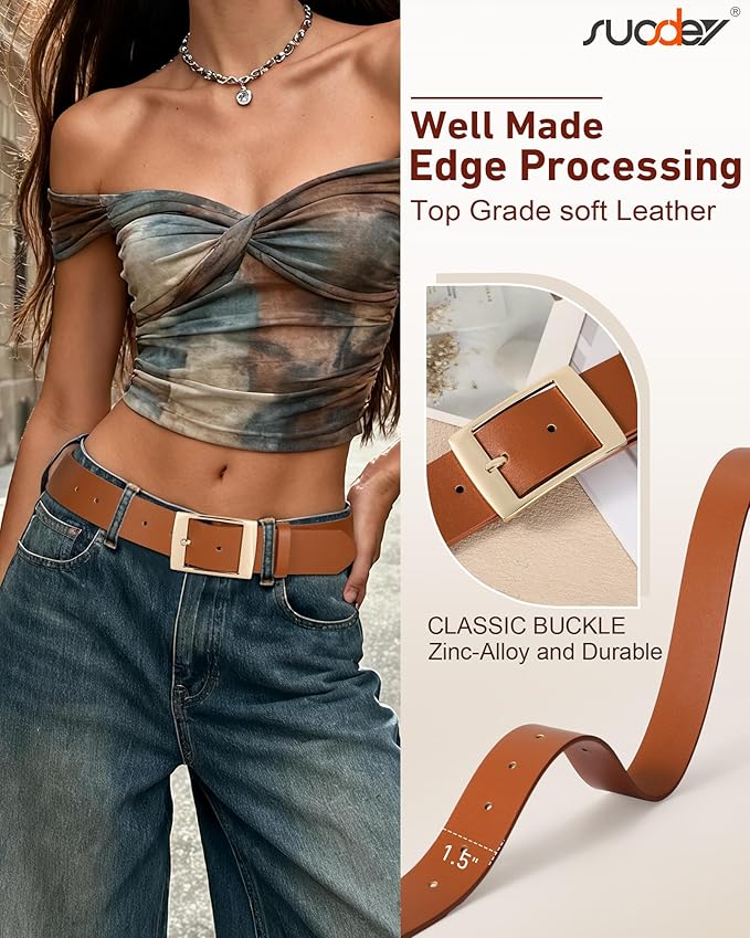 SUOSDEY Fashion Womens Leather Belts,Wide Waist Belt with Pin Buckle for Jeans Pants Dresses,1.5" width