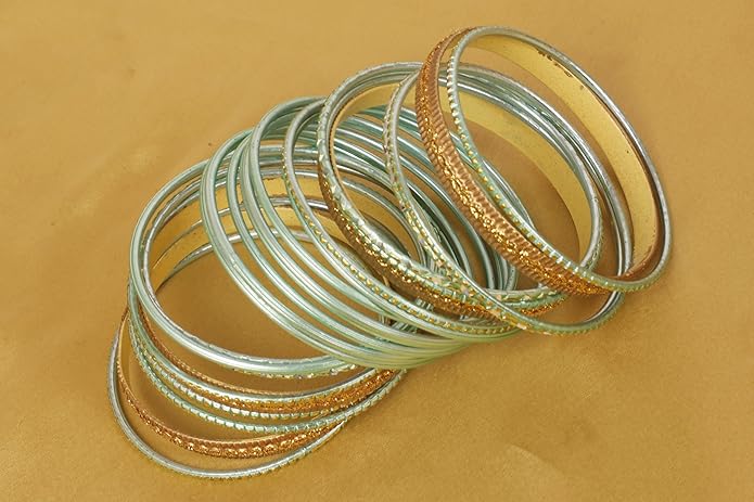 Touchstone Indian Metal Bangles for Women Gold Alloy Bracelets desi 2 Dozen Bangle Collection Bollywood Women's Jewelry Set Multi Stacking Wide Chunky Textured Golden Set of 24 in Gold or White Tone