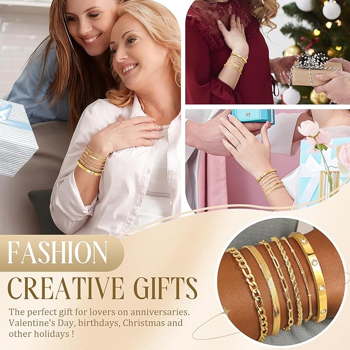 Gold Bracelets for Women Non Tarnish, Dainty 18K Gold Plated Bracelets Stack Trendy Waterproof Stackable Bangles, Cuban Link Paperclip Chain Jewelry Set Fashion Accessories Gifts for Women