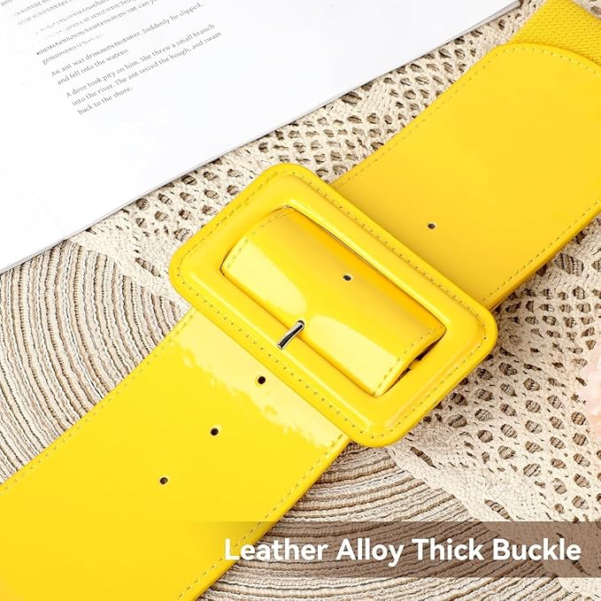 Wide Patent Leather Cinch Belt - Fashion Square Buckle Waist Belt for Dresses and Coats