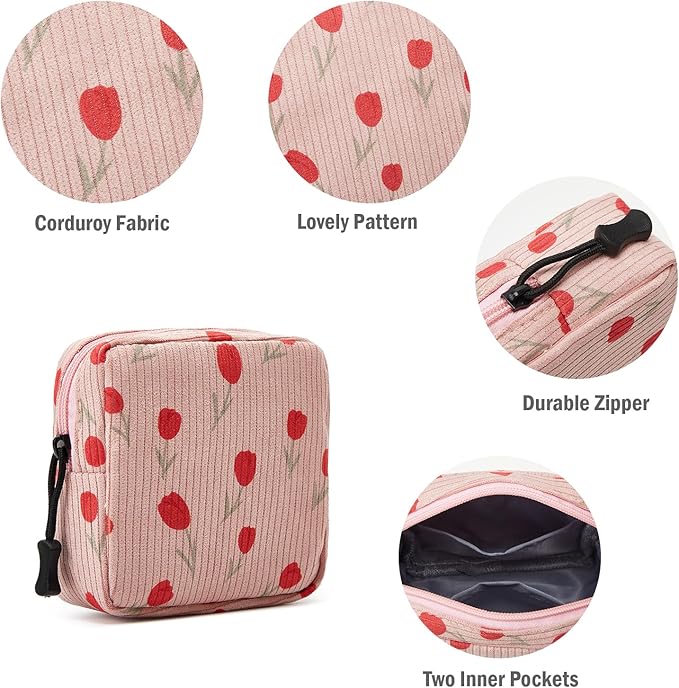 Small Makeup Bag for Purse,Mini Cosmetics Bag cute Zipper corduroy Cosmetic Pouch Storage Pouch Travel Toiletry Organizer for Women Girls(Tulip Pink)