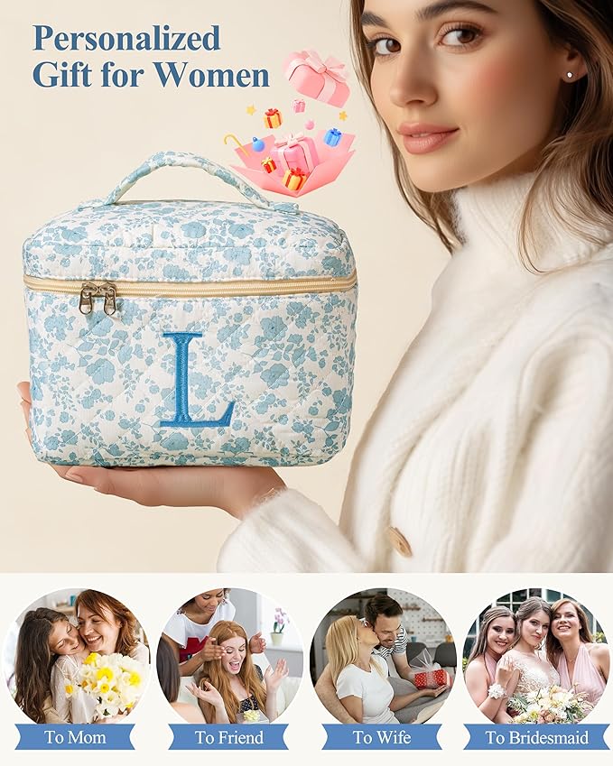 HBselect Initial Quilted Makeup Bag, Cotton Large Travel Makeup Bag, Cute Floral Coquette Make up Bag Cosmetic Bag Toiletry Bag for Women Girls L