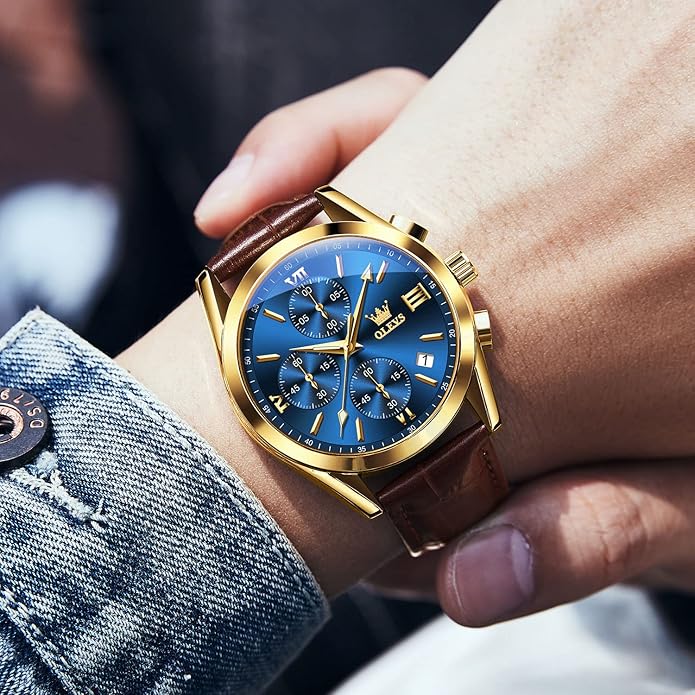 OLEVS Men's Casual Leather Watch, Big Face Chronograph Watch for Men, Fashion Easy to Read Dress Watch, Men's Waterproof Luminous Date Analog Watch, Gold/Black/White/Blue Dial