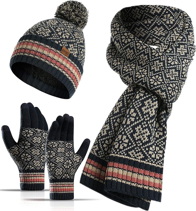 Winter Hat Scarf Gloves Set for Women Womens Knit Warm Hat Beanie Long Scarf Touchscreen Gloves Skull Caps Neck Scarves