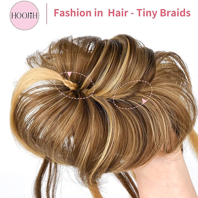 HOOJIH Messy Bun Hair Piece - Super Long Wavy Hair Wrap Ponytail Extensions, Wrap Scrunchies with Elastic Band - Grace - Medium Brown with Blonde Highlights