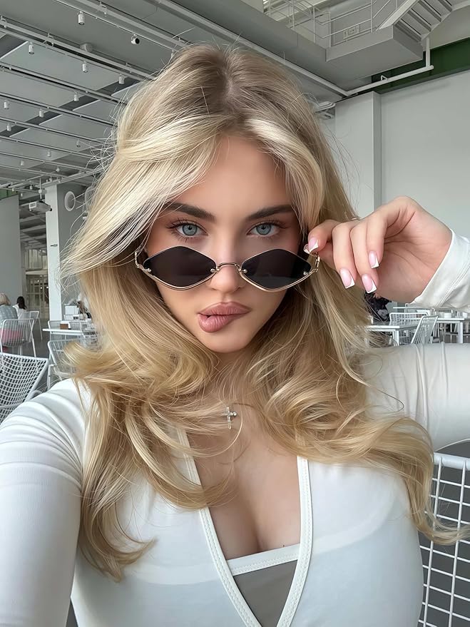 Retro Y2k Sunglasses for Women Men,Trendy Semi-Rimless Sun Glasses Irregular Narrow Gold Sunnies UV400