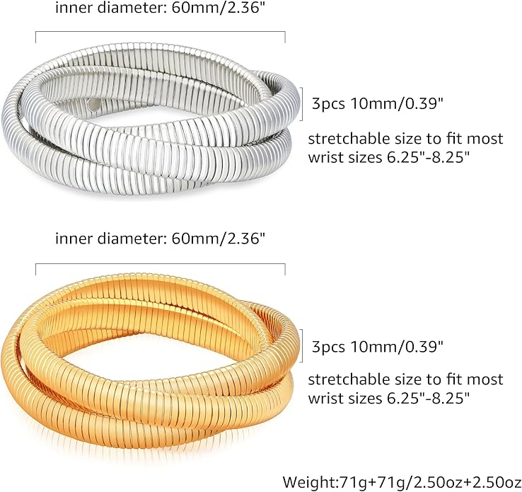 MISS RIGHT Gold Chunky Stretch Snake Chain Bangle Bracelets Stack for Women Trendy, 18K Gold Filled Stainless Steel Stretchy Womens Stackable Wristband Bangles Bracelet Set