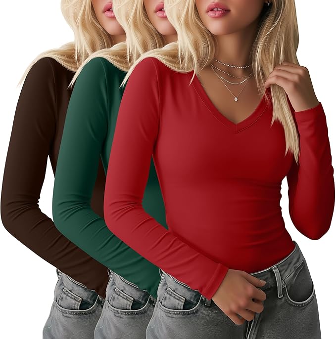 Ficerd 3 Pack Women's Long Sleeve Shirts, V Neck Basic Tees Slim Fitted Casual Fall Tops Going Out Blouses T Shirts