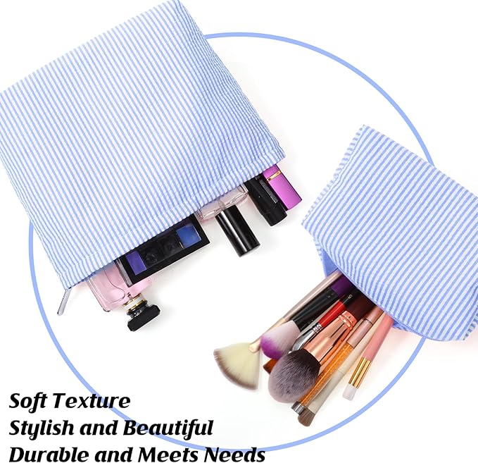 2 Pieces Makeup Bag Set Cute Cosmetic Pouch for Women Seersucker Travel Toiletry Bag Preppy Small Makeup Purse Pouch Aesthetic Skincare Brushes Storage Organizer for Christmas Women(Blue)