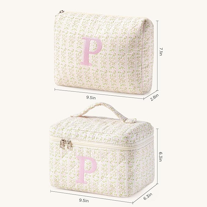HBselect 2Pcs Initial Quilted Makeup Bag, Pink Cosmetic Travel Toiletry Bag, Flowers Coquette Zipper Make Up Pouch Organizer Teen Girl Gift Trendy Stuff P