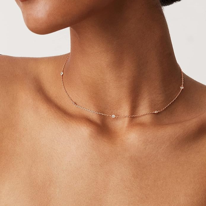 PAVOI 14K Gold Plated Station Necklace - Simulated Diamond Layering Necklaces - Womens CZ Chain