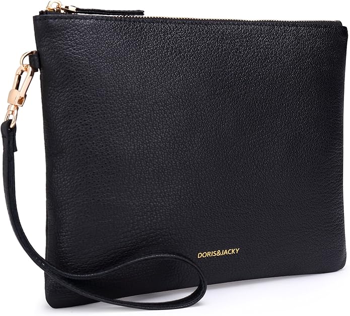 DORIS&JACKY Lambskin Leather Wristlet Clutch Purse for Women Soft Designer Slim Cell Phone Pouch Bag with Detachable Strap