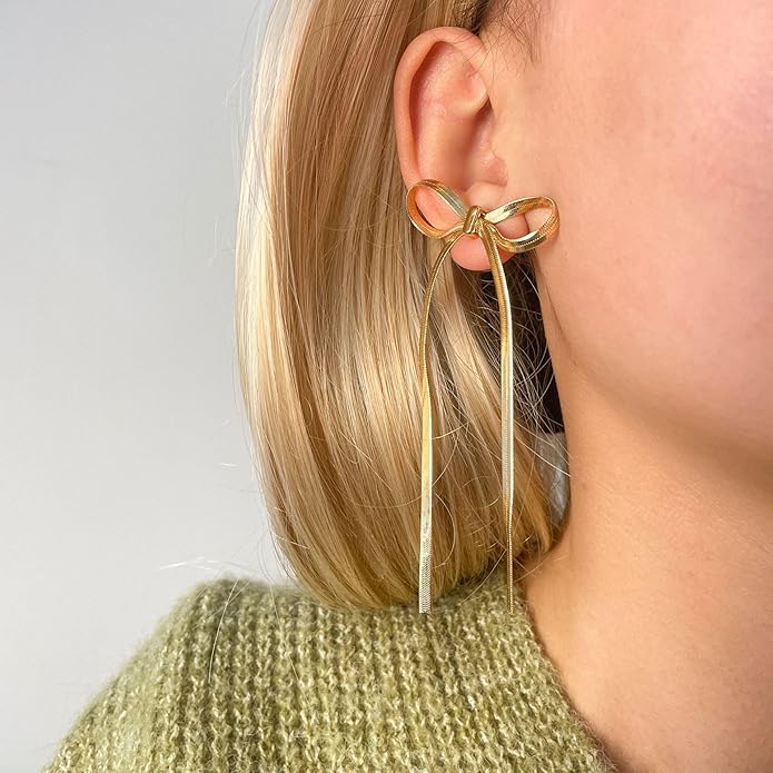 8YEARS Gold Bow Earrings for Women Dainty Ribbon Bow Stud Earrings Gold Dangle Drop Tassel Earrings Long Chain Earrings With 925 Sterling Silver Post Trendy Jewelry Gift (Long Gold Chain Tassel)