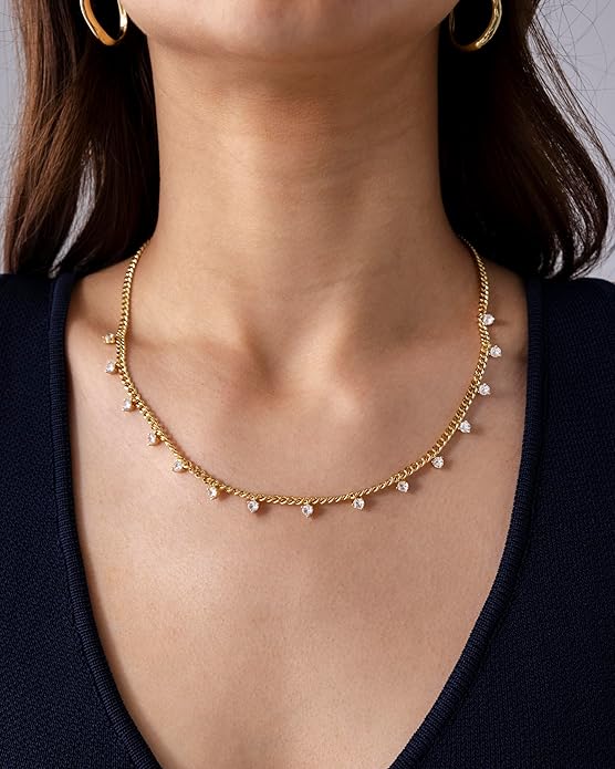 PAVOI 14K Gold Plated Station Necklace - Simulated Diamond Layering Necklaces - Womens CZ Chain