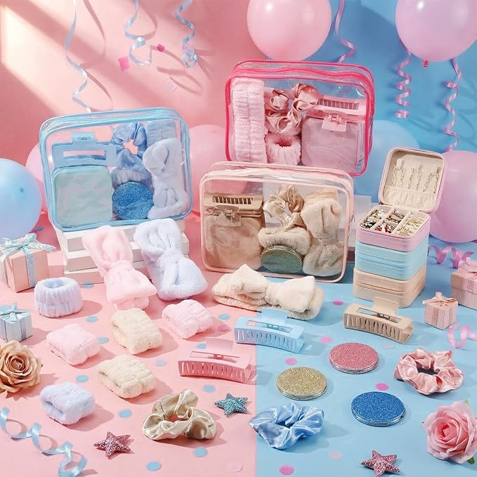 Spa Party Favors Pink Sleepover Party Supplies Bow Headband Wristband Scrunchies Hair Clip Jewelry Case Makeup Bag Mirror for Women Bridesmaid Return Gifts(Multicolor,96 Pcs)