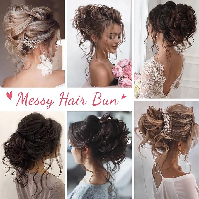 HOOJIH 2PCS Messy Bun Hair Piece, Tousled Updo with Tendrils Hair Bun Extensions Wavy Curly Wrap Ponytail Hairpieces Scrunchies for Women HB010 Dasiy - Deep Blonde with Blonde highlights