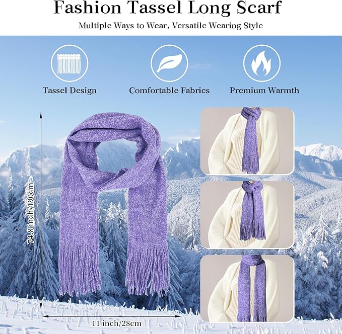 Winter Warm Beanie Hat Touchscreen Gloves Long Scarf Set for Women with Headband, Knit Cap Scarves with Tassel for Women